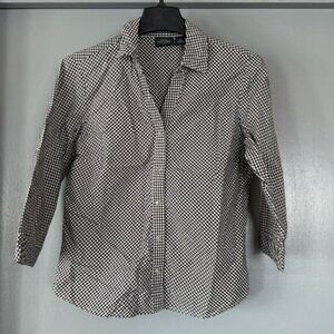 Sonoma Women's Black White Bias Check Snap Button Top 3/4 Sleeves V Neck sz M